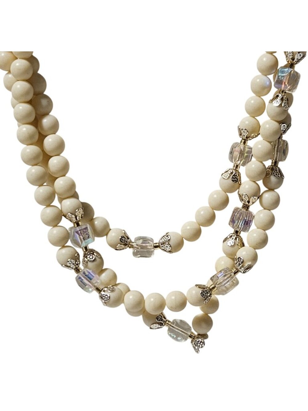 Vintage Beaded Necklace Multi Strand Cream Iridescent Beads Romantic Cottagecore